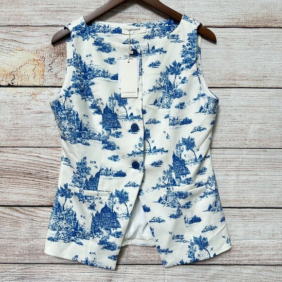 Commense Women’s Sleeveless Toile Print Vest Size L Blue Cream Button Front NWT - Picture 3 of 12